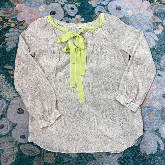 Rebecca Taylor Silk Blouse Womens 4 Gray Snakeskin Print yellow Tie Ribbon top - Picture 8 of 12